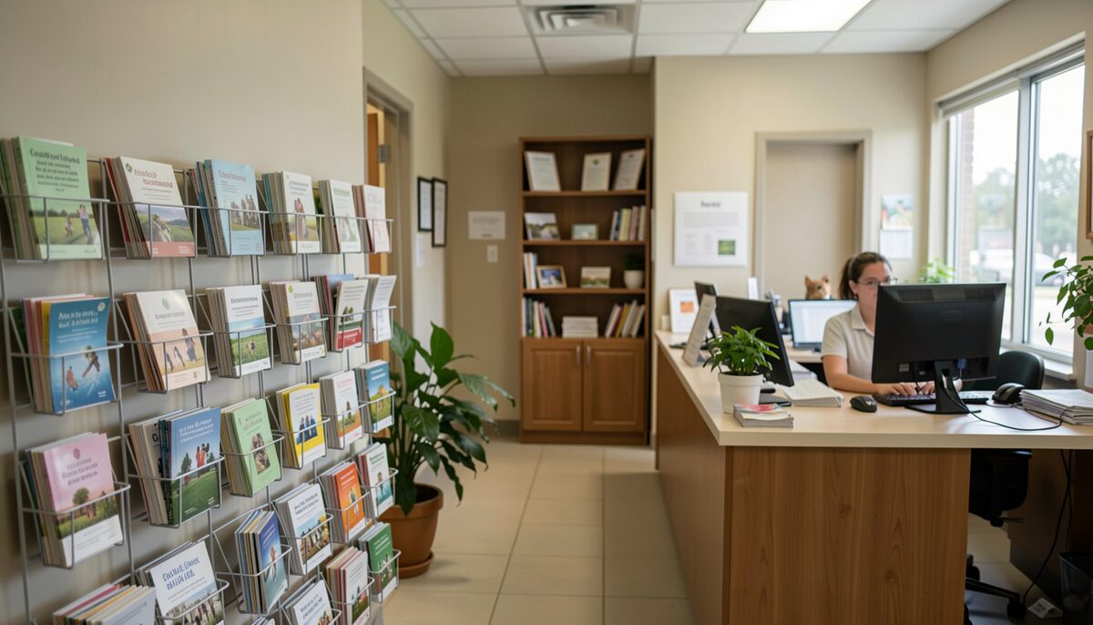 A documentary photograph of a community health office reception area with pamphlets in plain racks, a staff member at a desk, no readable text.