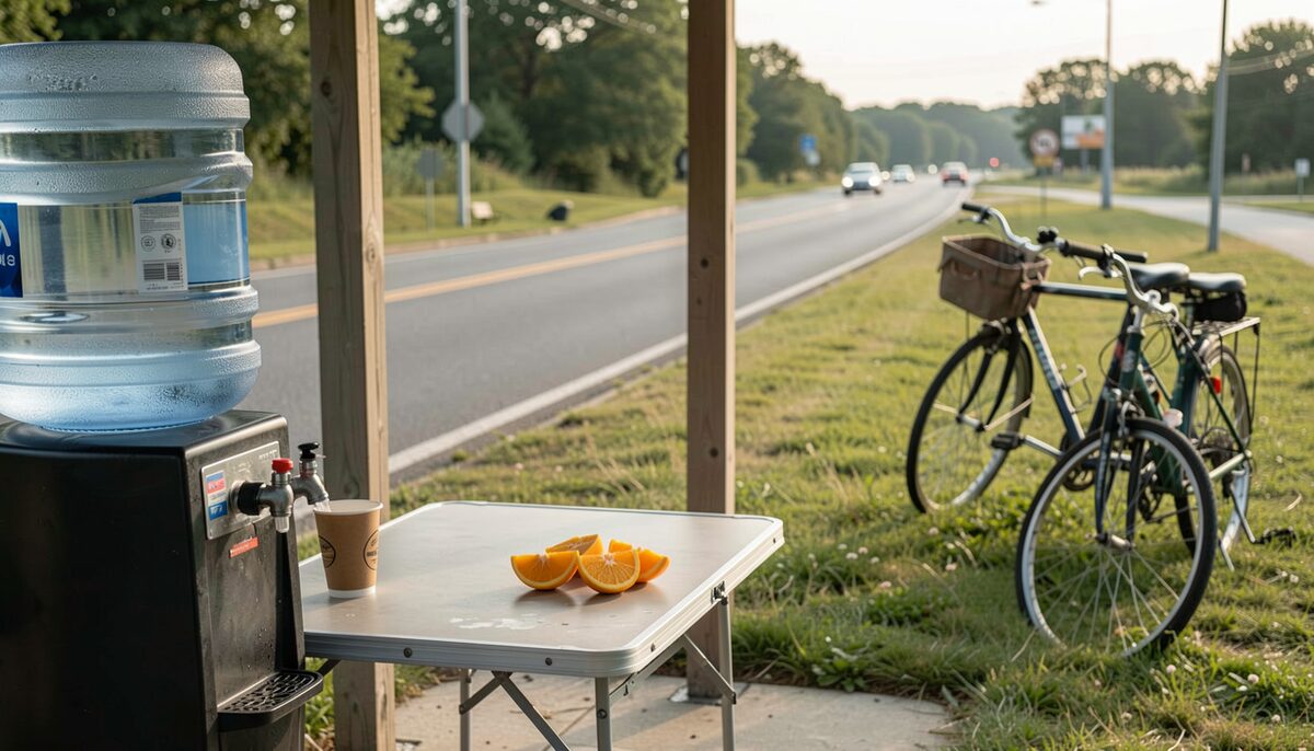 Orange slices and water on a folding rest-stop table. The second ride day is usually won or lost in moments like this one.