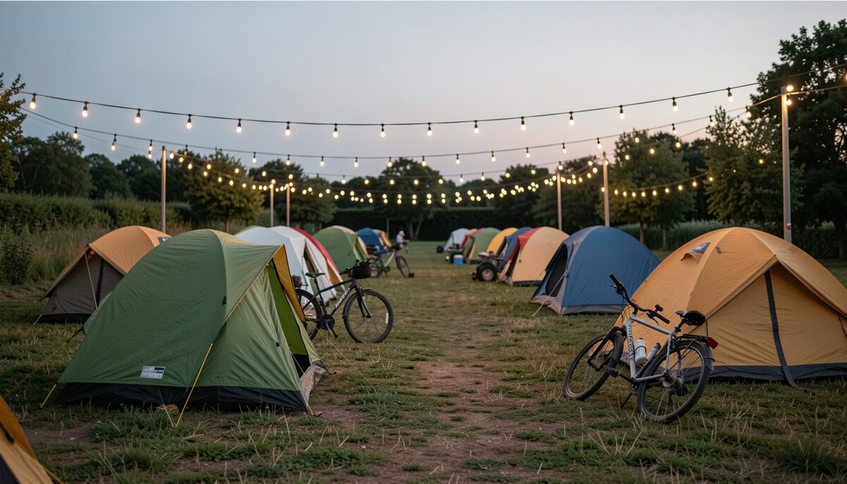 A documentary photograph of a field of small camping tents at dusk with cyclists resting nearby, string lights overhead, no logos or lettering.