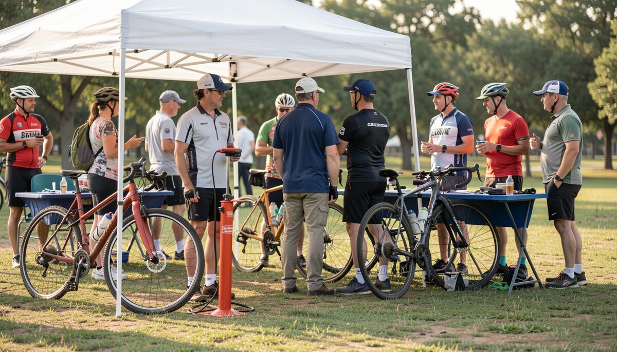 A documentary photograph of a folding table with clipboards, water bottles and helmets at a ride check-in, volunteers talking, no readable text.