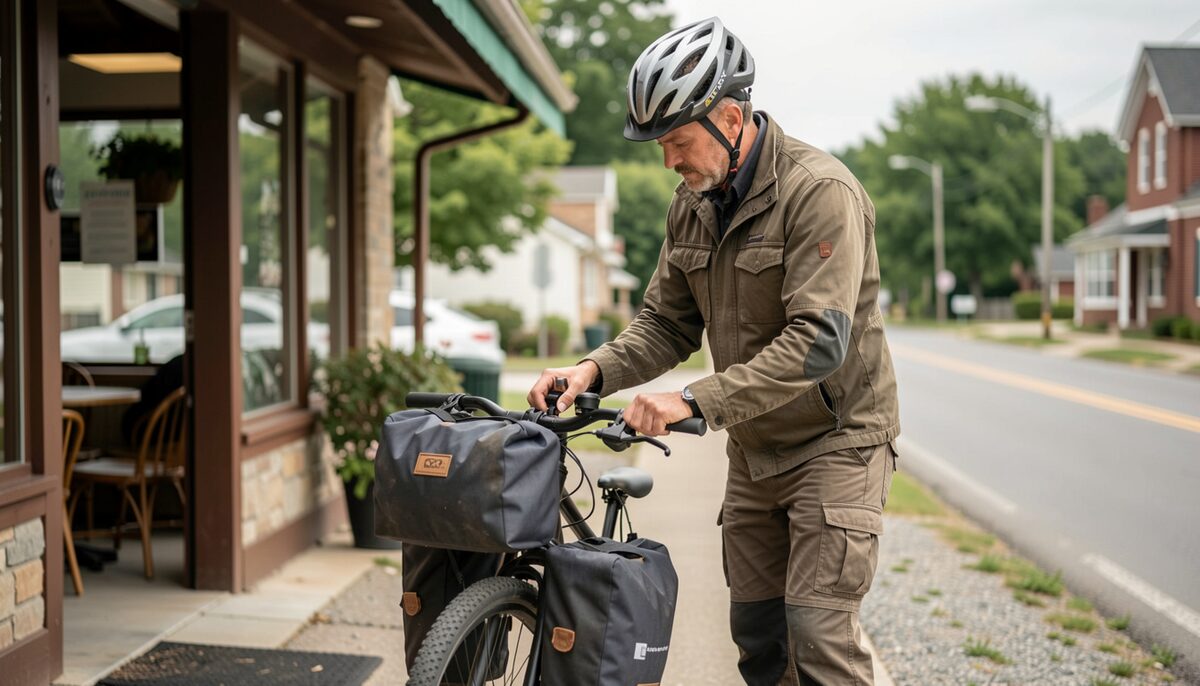 A documentary photograph of a rider adjusting a pannier on a touring bicycle outside a small-town cafe, county road beyond, no signage text.