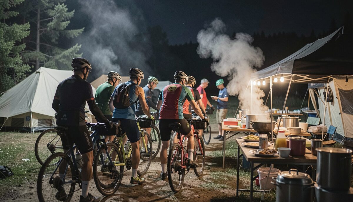 A documentary photograph of cyclists queuing for a hot meal at an outdoor camp kitchen at night, steam rising, no signage or logos.