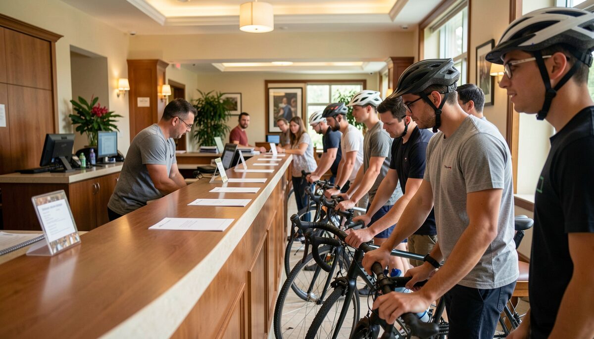 A documentary photograph of a registration desk in a hotel lobby with a queue of cyclists in casual clothes, blank forms face down, no lettering.