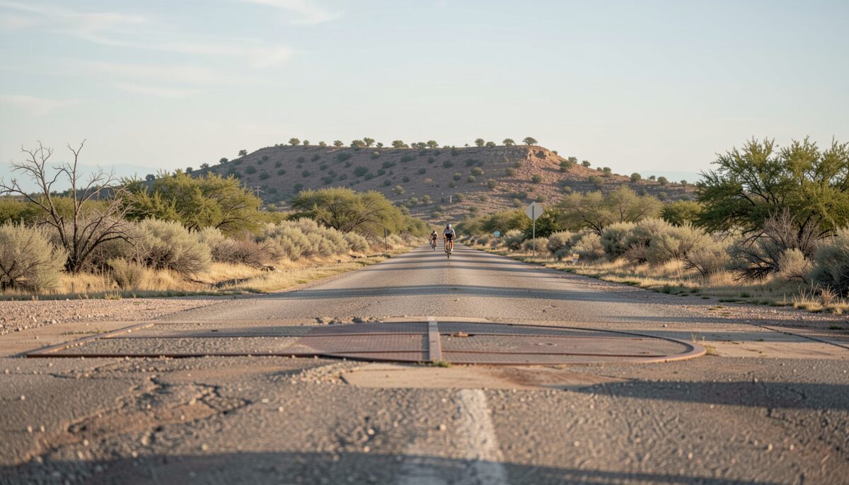A documentary photograph of a rural Texas crossroads with a cattle guard, scrubland and a distant ridge, cyclists small in the frame, no signage.