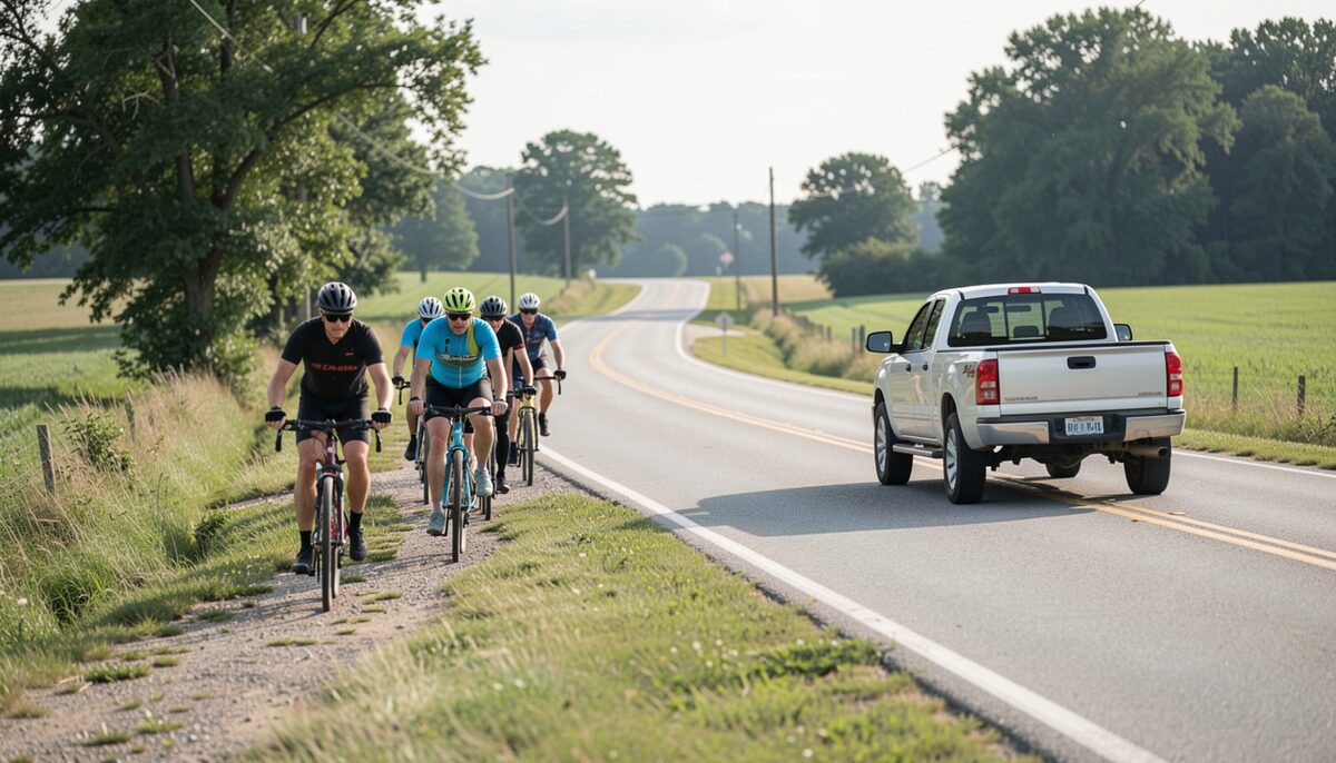 A documentary photograph of a small group of cyclists in single file on a shoulder of a farm road, pickup truck passing wide, no text.