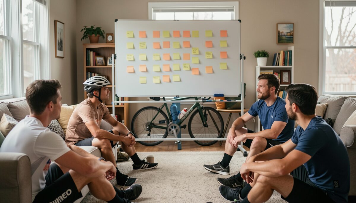 A documentary photograph of a team meeting in a living room with a whiteboard covered in blank sticky notes, cyclists seated on the floor.